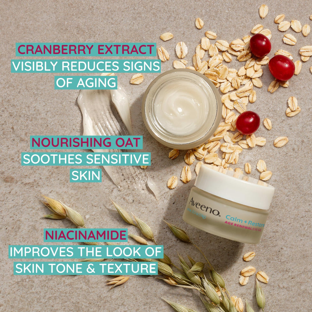 Aveeno Calm + Restore Eye Gel cranberry-oat ingredient panel emphasizes antioxidant oat and cranberry benefits.