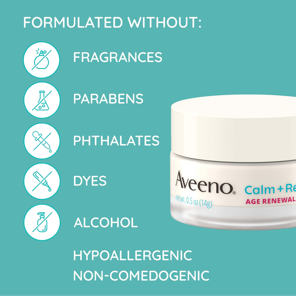 Aveeno Calm + Restore Eye Gel hypoallergenic badge on packaging signals gentle care for sensitive eyes.