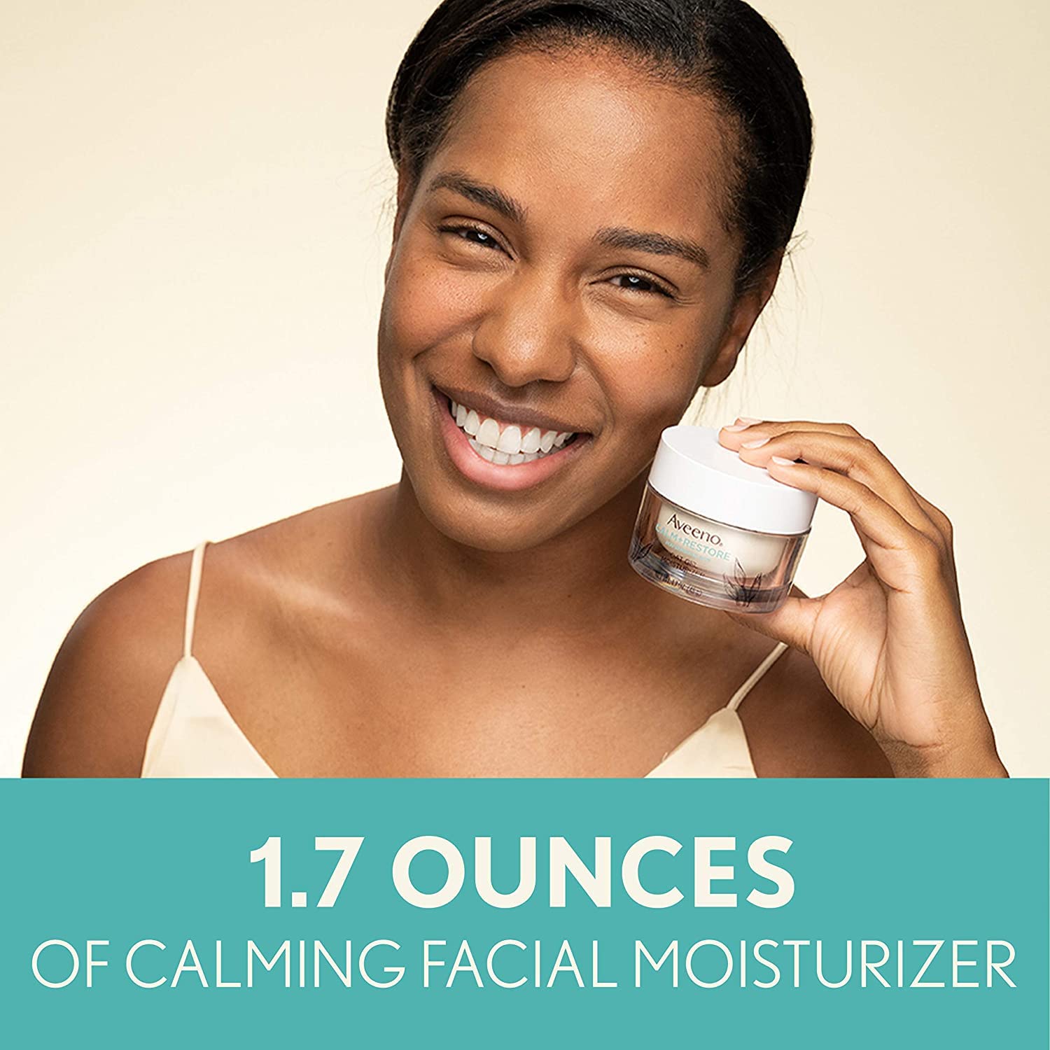 Aveeno Calm + Restore fragrance-free label emphasizing hypoallergenic, gentle skincare.