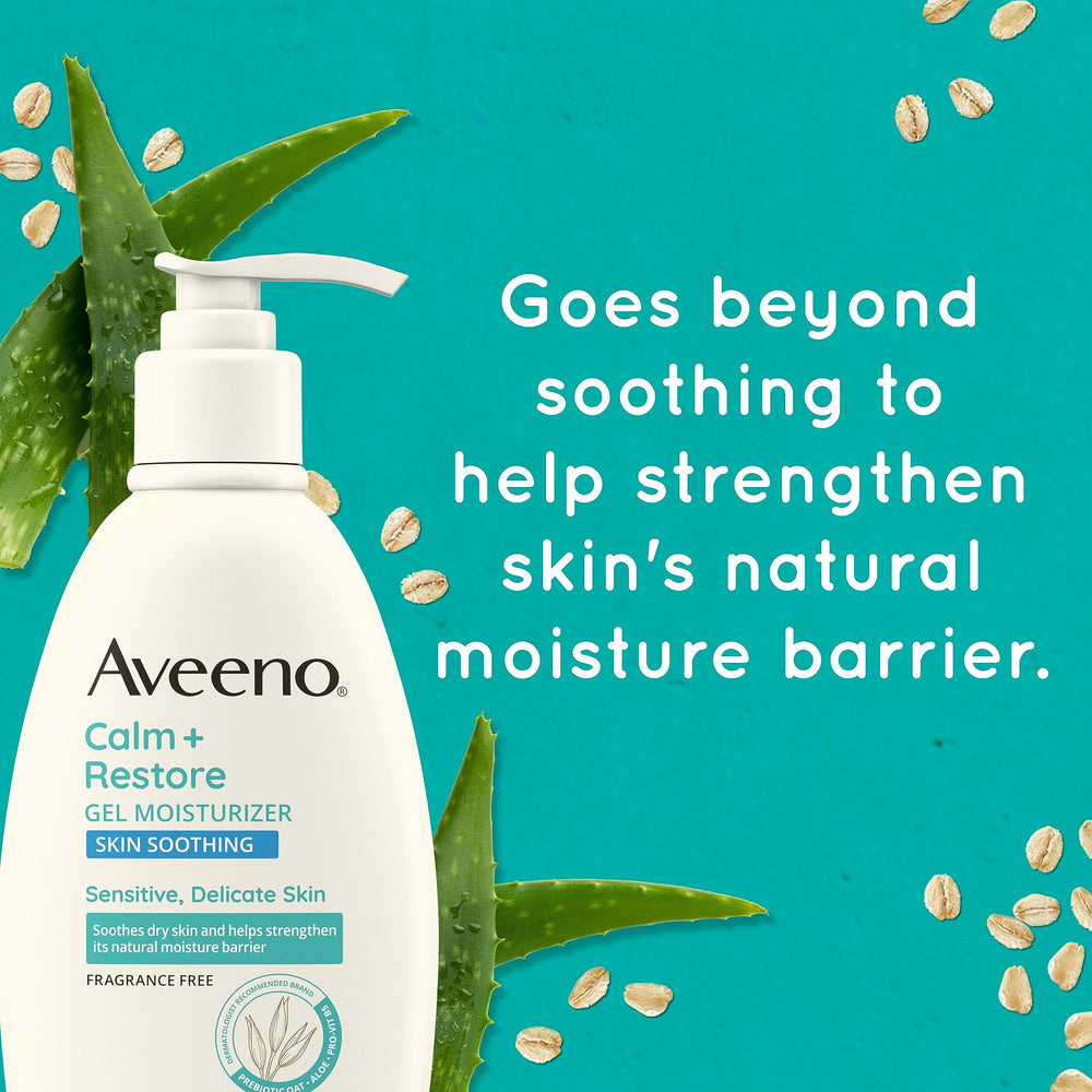 Aveeno Calm + Restore packaging confirms fragrance-free and paraben-free formula