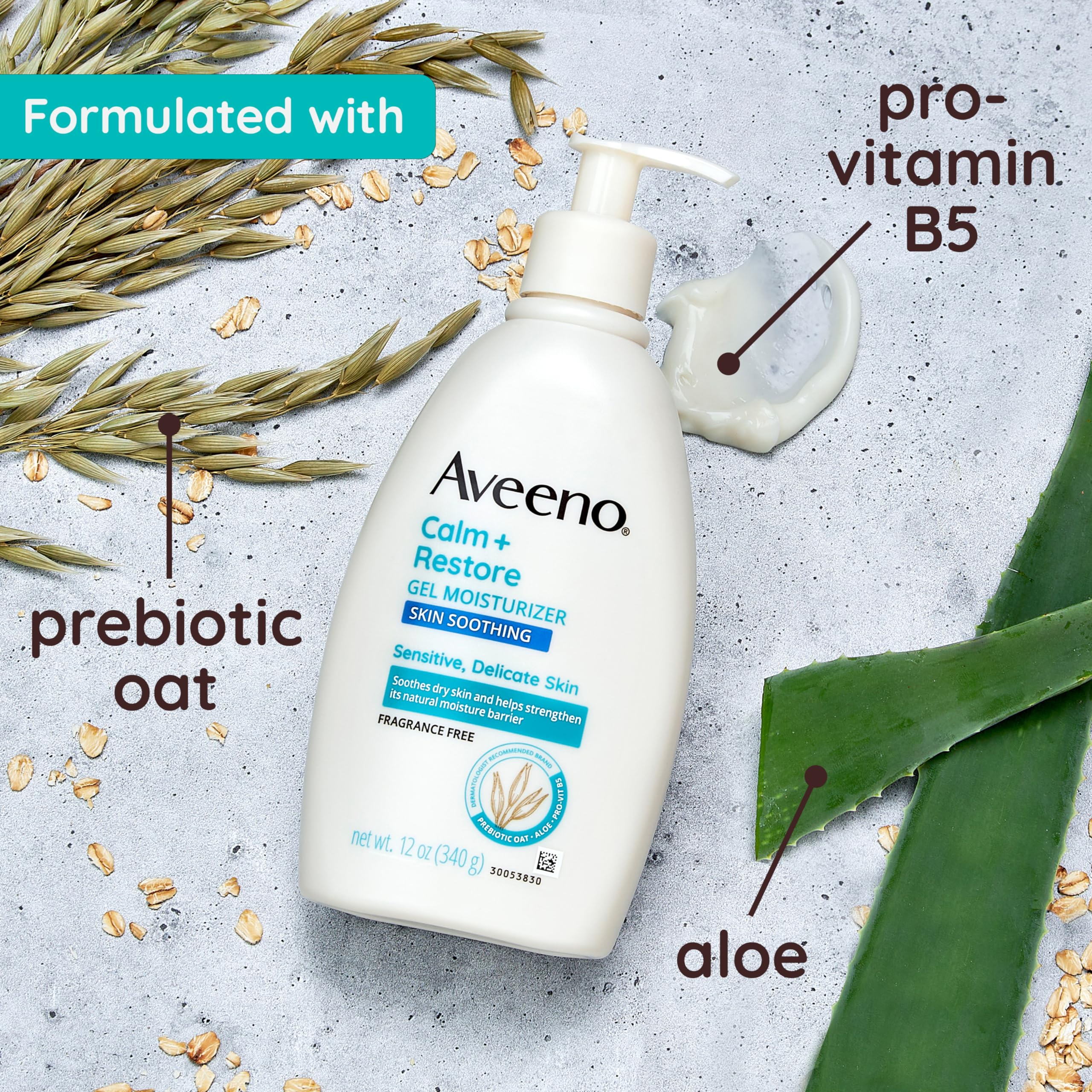 Aveeno Calm + Restore gel on hand shows fast-absorbing moisturization