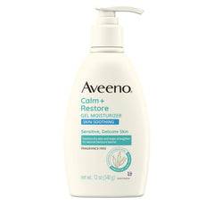 Aveeno Calm + Restore gel bottle front demonstrates fragrance-free hydration for sensitive skin
