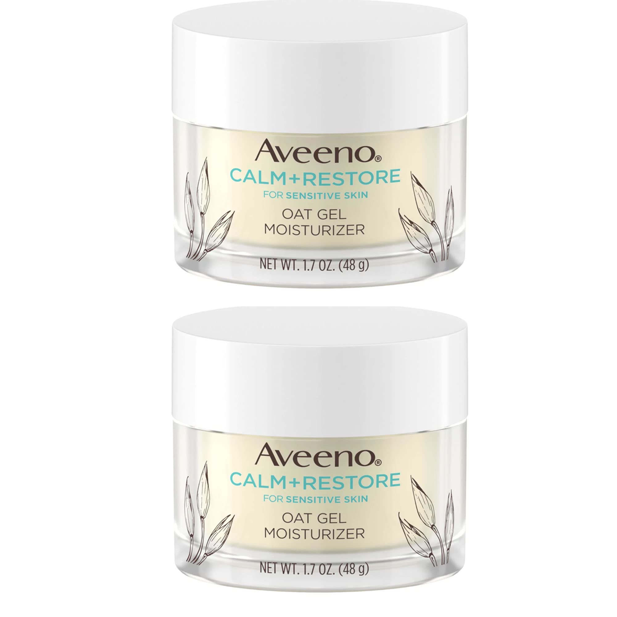 Aveeno Calm + Restore oat gel facial moisturizer jar closeup highlighting non-greasy finish.