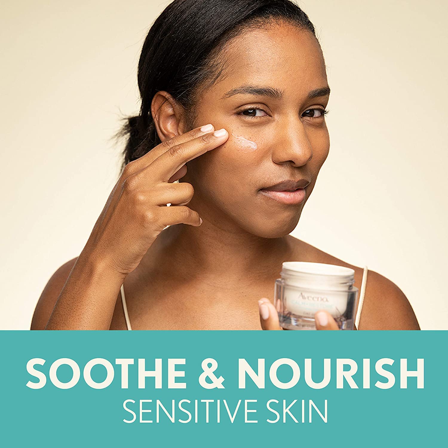 Aveeno Calm + Restore texture-swatch showing lightweight hydrating gel for sensitive skin.