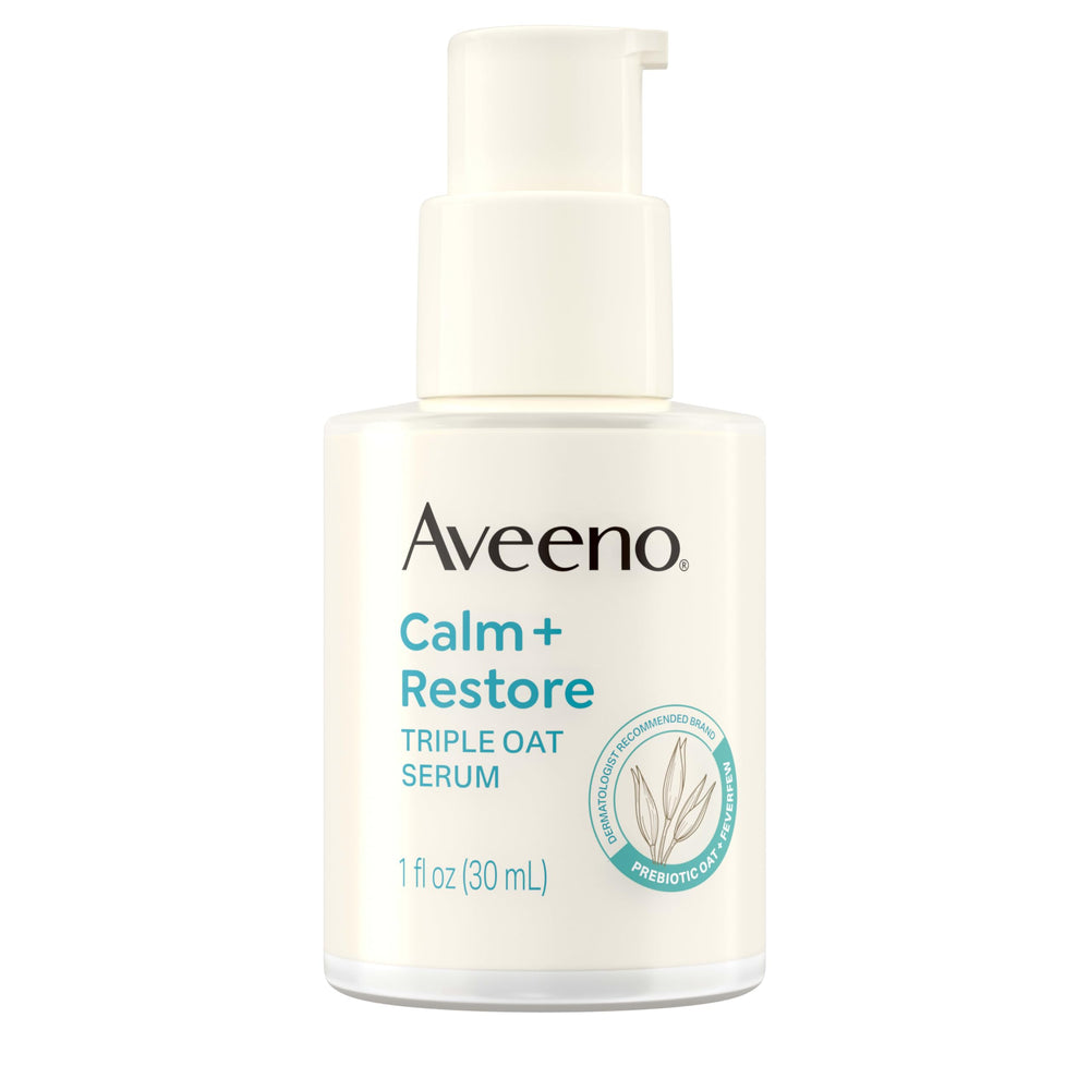 Aveeno Calm + Restore pump bottle shows quick hydration for sensitive skin
