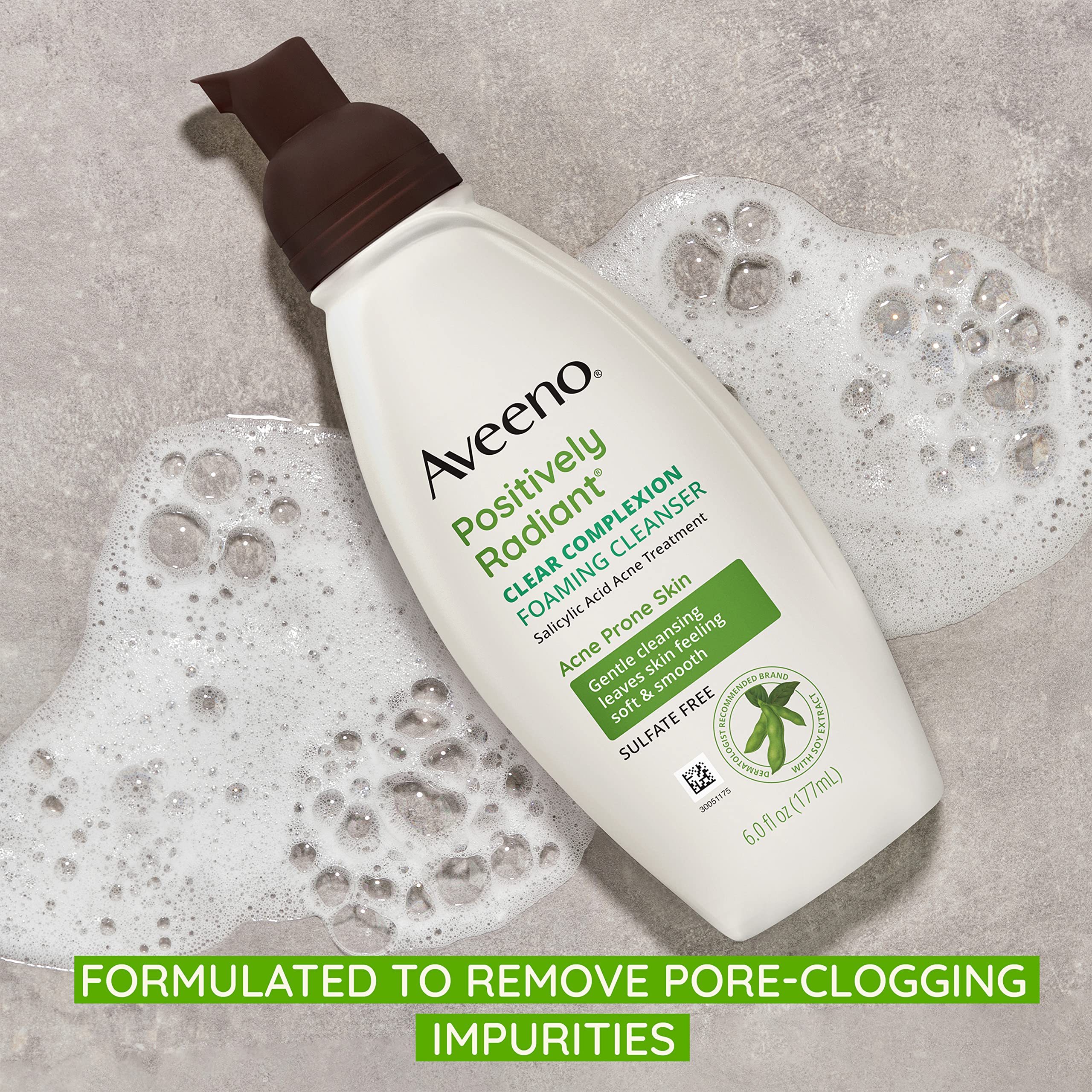 Aveeno Clear Complexion Foaming Cleanser on hand after wash promotes soft, smooth skin.