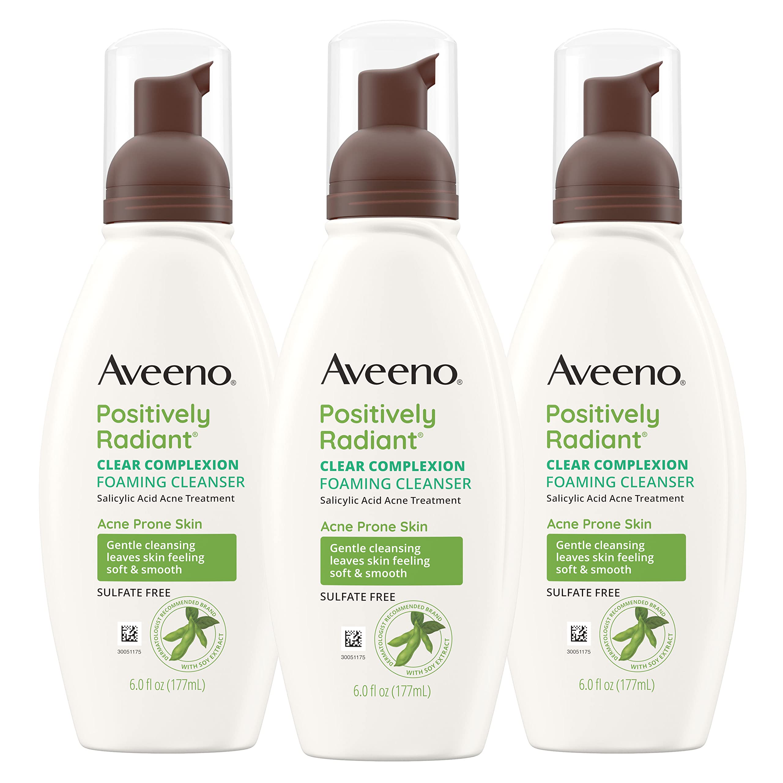 Aveeno Clear Complexion Foaming Cleanser pack of 3 bottles supports oil-free cleansing for breakout-prone skin.