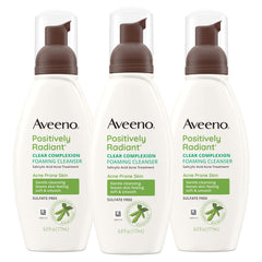 Aveeno Clear Complexion Foaming Cleanser pack of 3 bottles supports oil-free cleansing for breakout-prone skin.