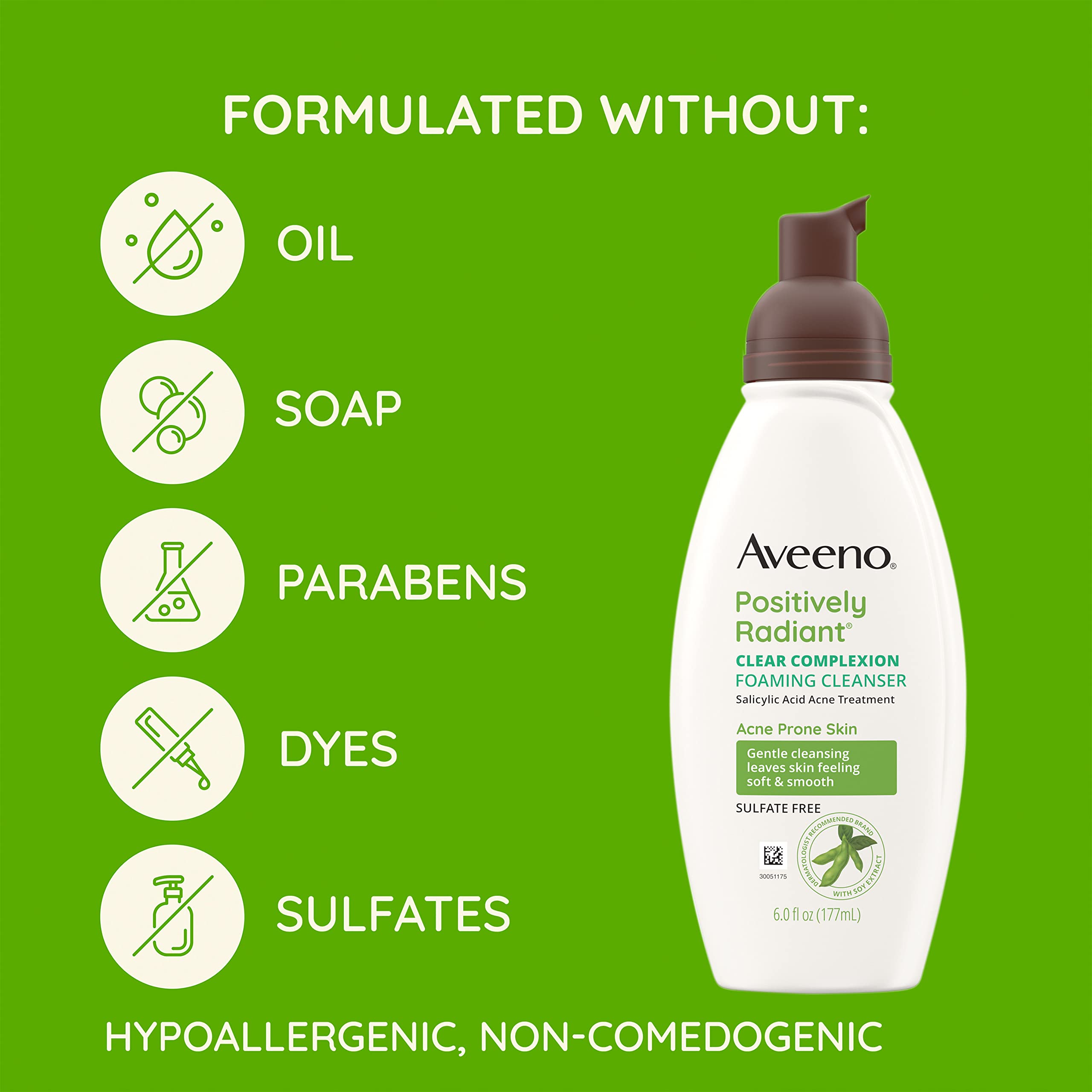 Aveeno Clear Complexion Foaming Cleanser salicylic-acid icon highlights acne-targeting routine.