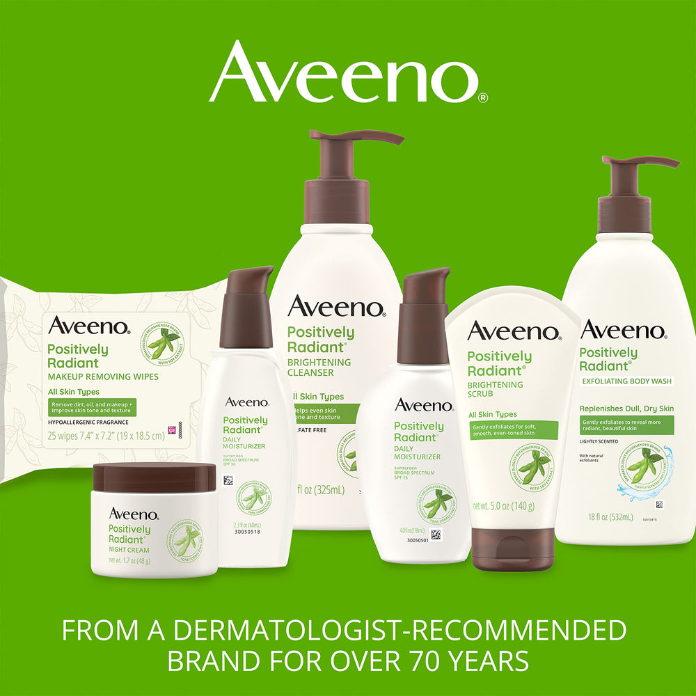 Aveeno Clear Complexion Foaming Cleanser soy-extract graphic emphasizes gentle, oil-free formula.