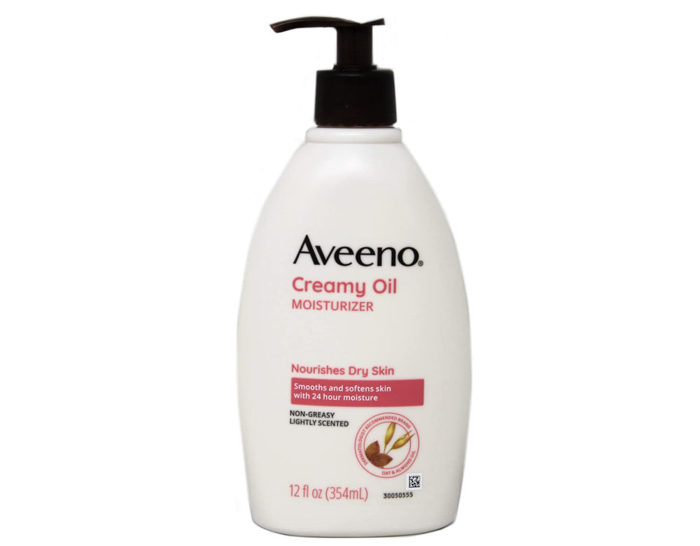 Aveeno Creamy Oil bottle 12oz demonstrating quick-absorbing hydration.