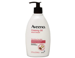 Aveeno Creamy Oil bottle 12oz demonstrating quick-absorbing hydration.
