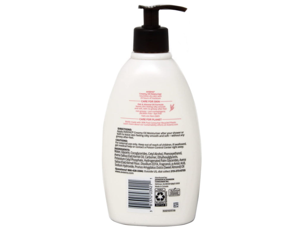 Aveeno Creamy Oil oats and sesame ingredients highlighted for nourishing skin.