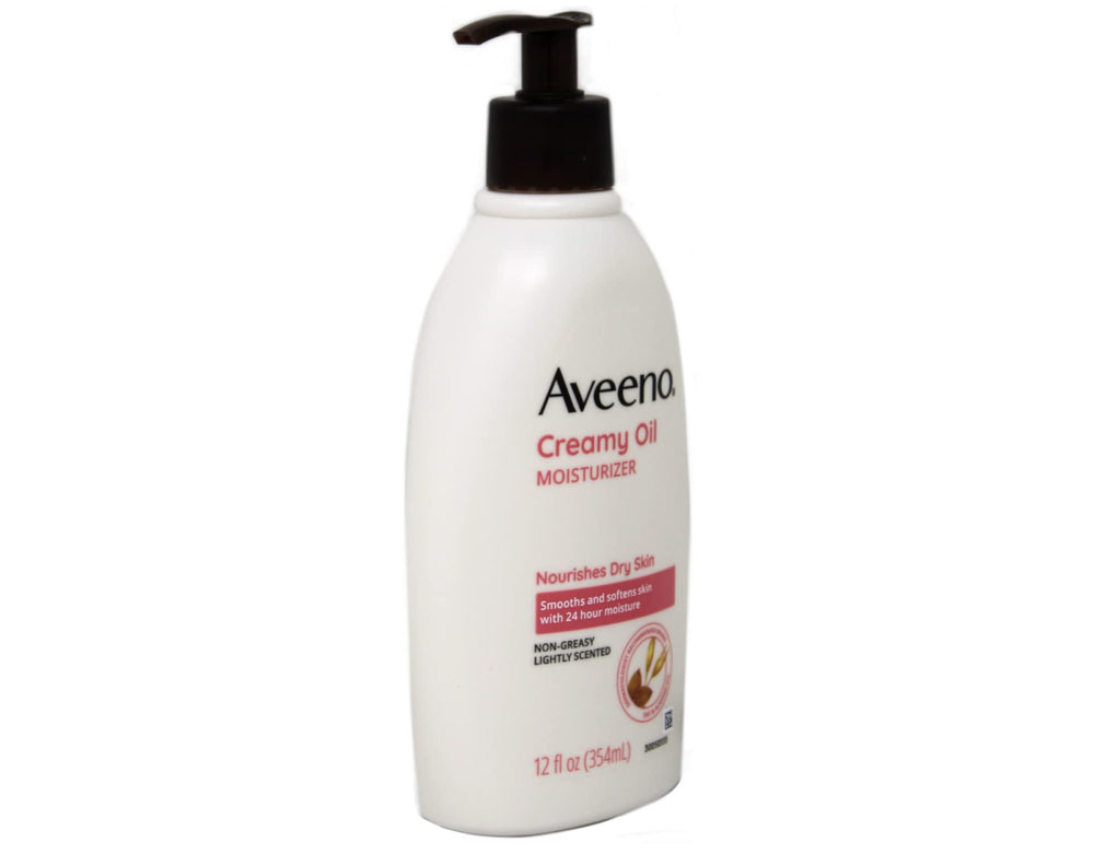 Aveeno Creamy Oil texture pouring shows silky, non-greasy hydration.