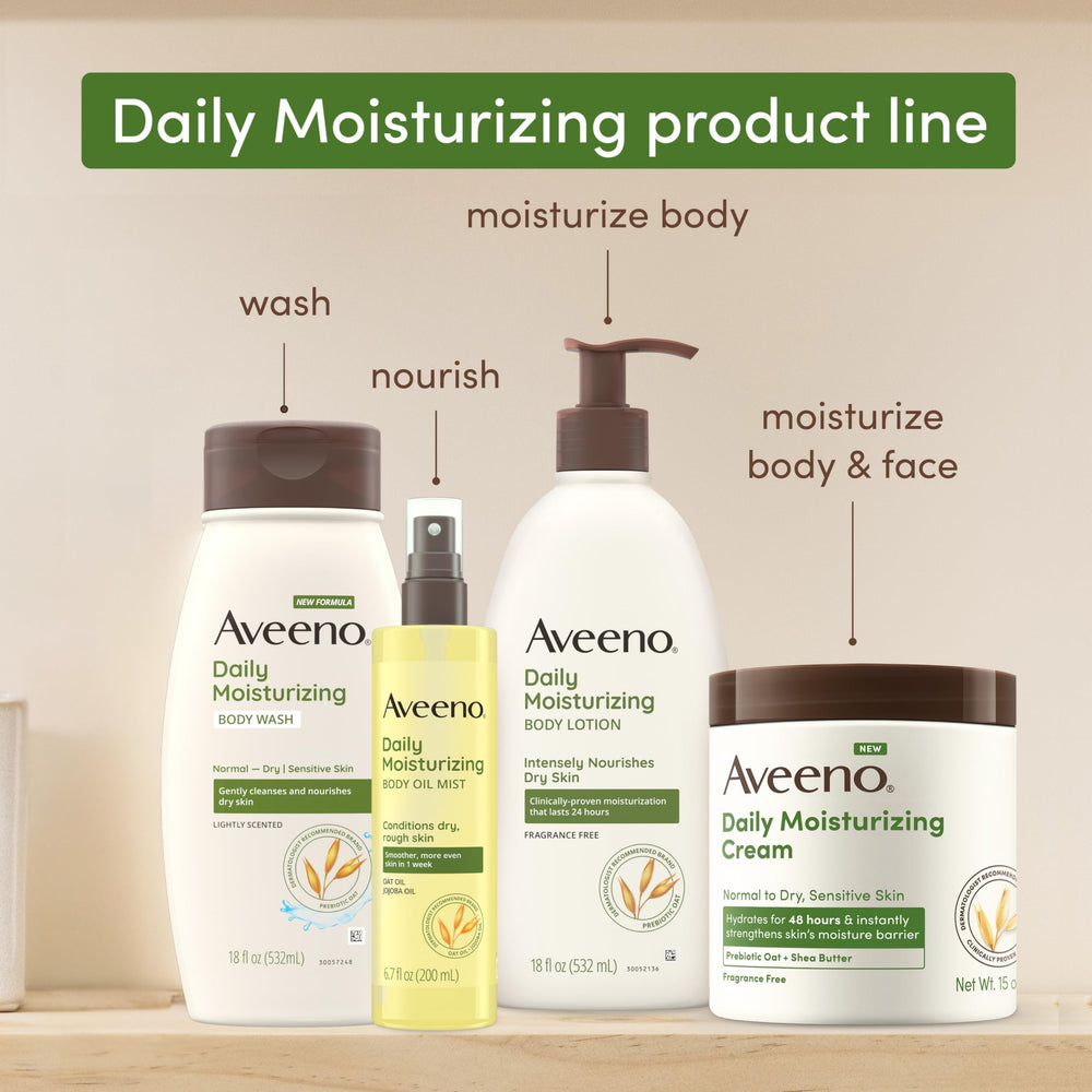 Side-by-side display of Aveeno body wash and lotion for 24-hour hydration pairing.