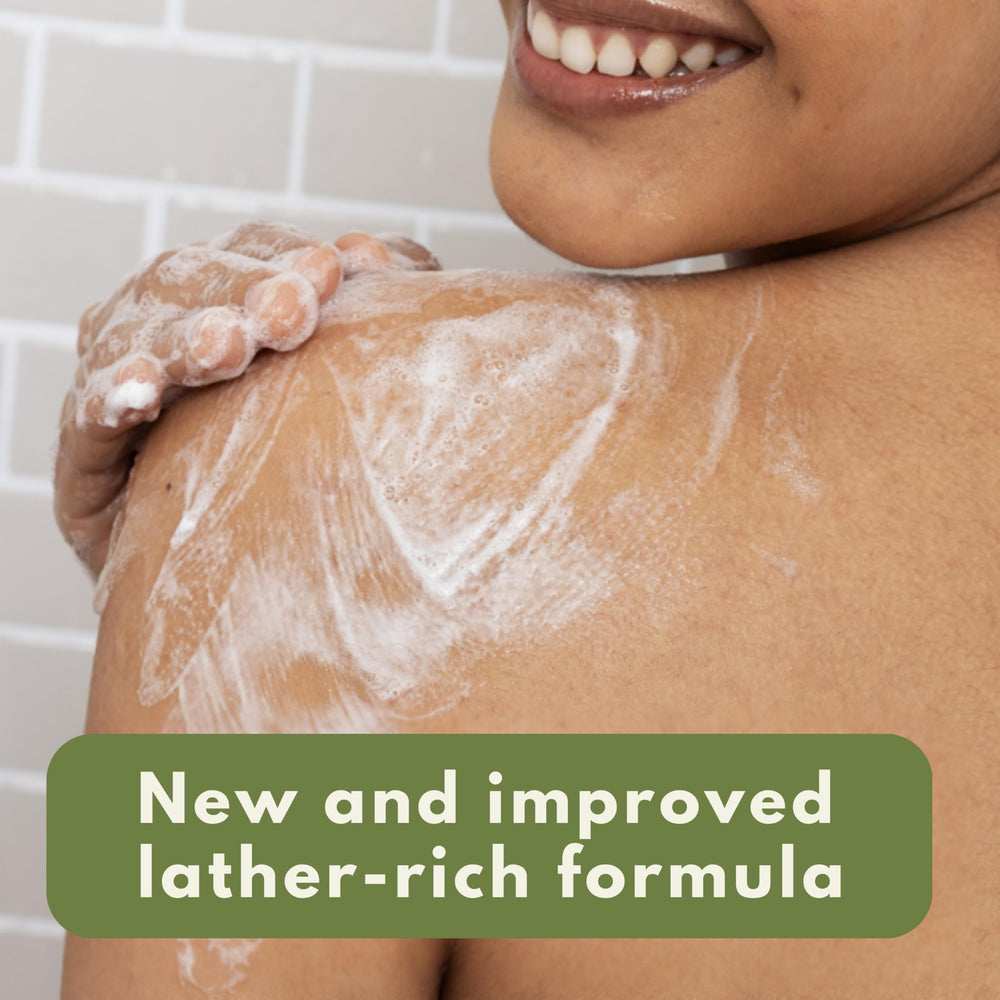 Aveeno Daily Moisturizing Body Wash demonstrating creamy lather for gentle cleansing.