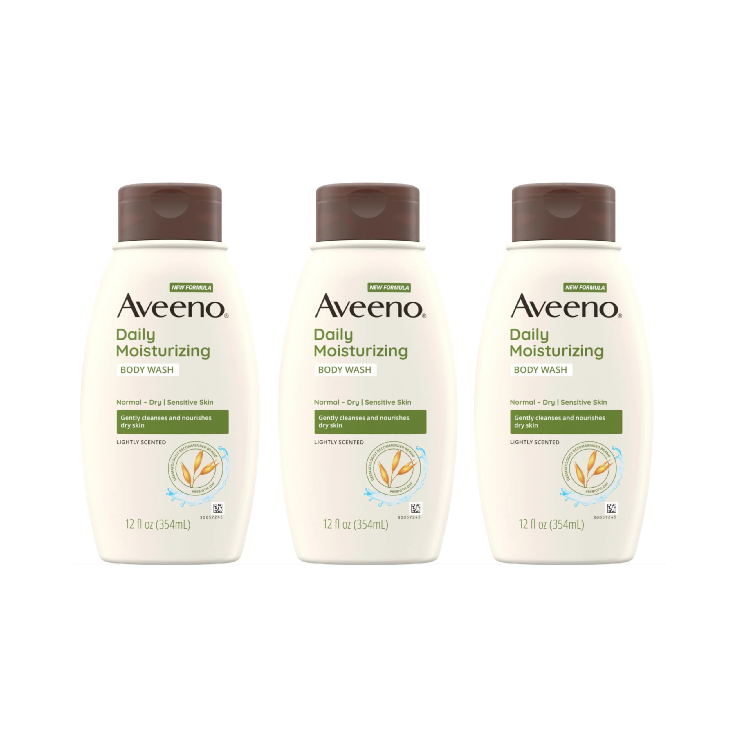 Aveeno Daily Moisturizing Body Wash 3-pack bottles shown together for easy, ongoing hydration.