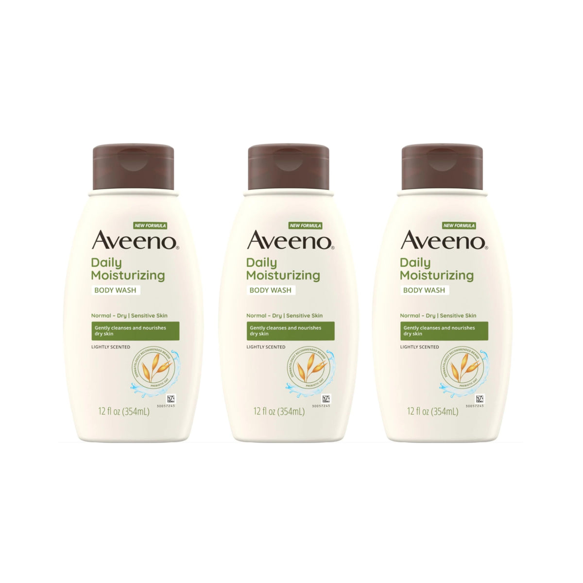 Aveeno Daily Moisturizing Body Wash 3-pack bottles shown together for easy, ongoing hydration.