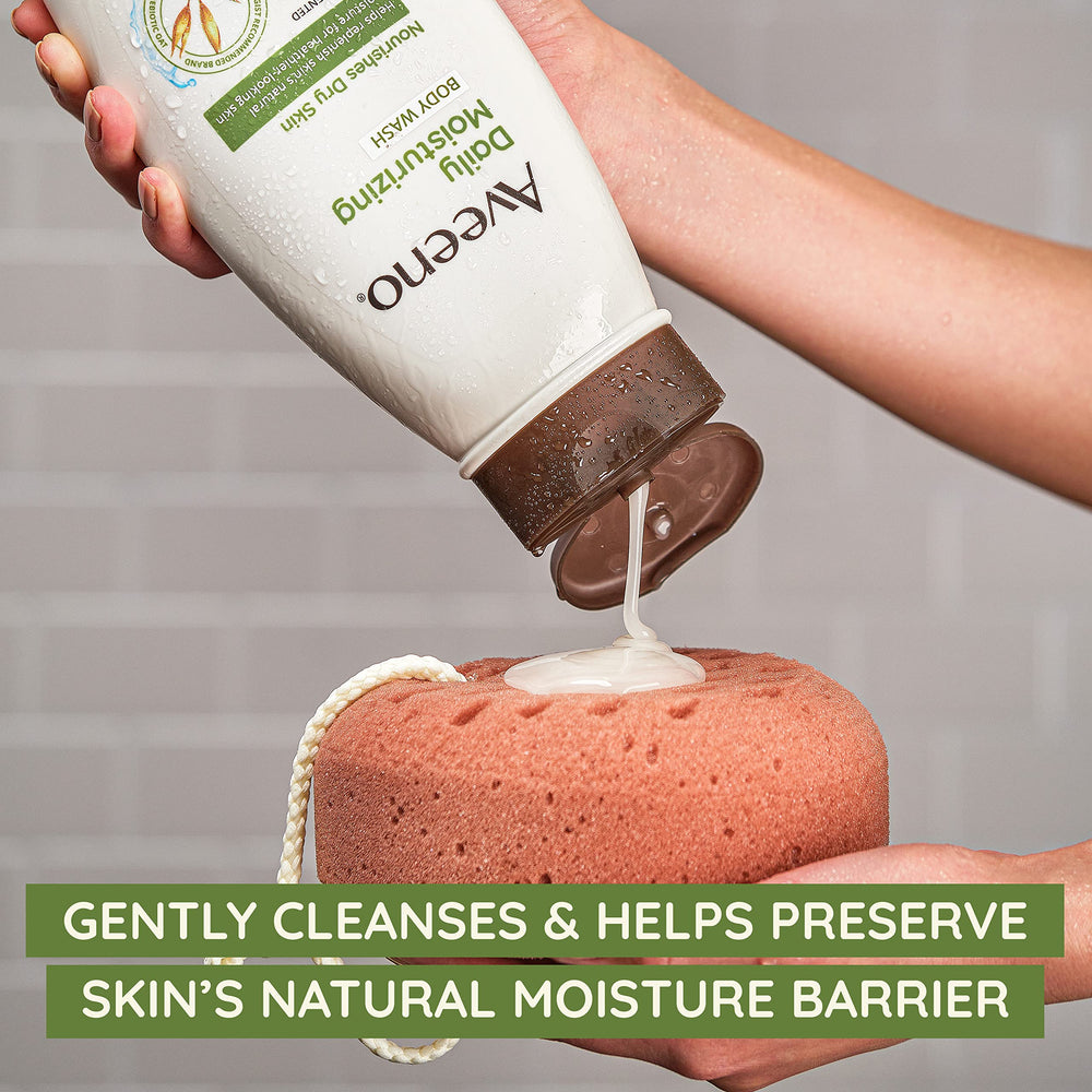 Aveeno Daily Moisturizing Body Wash bottle highlighting allergy-tested formula for sensitive skin.