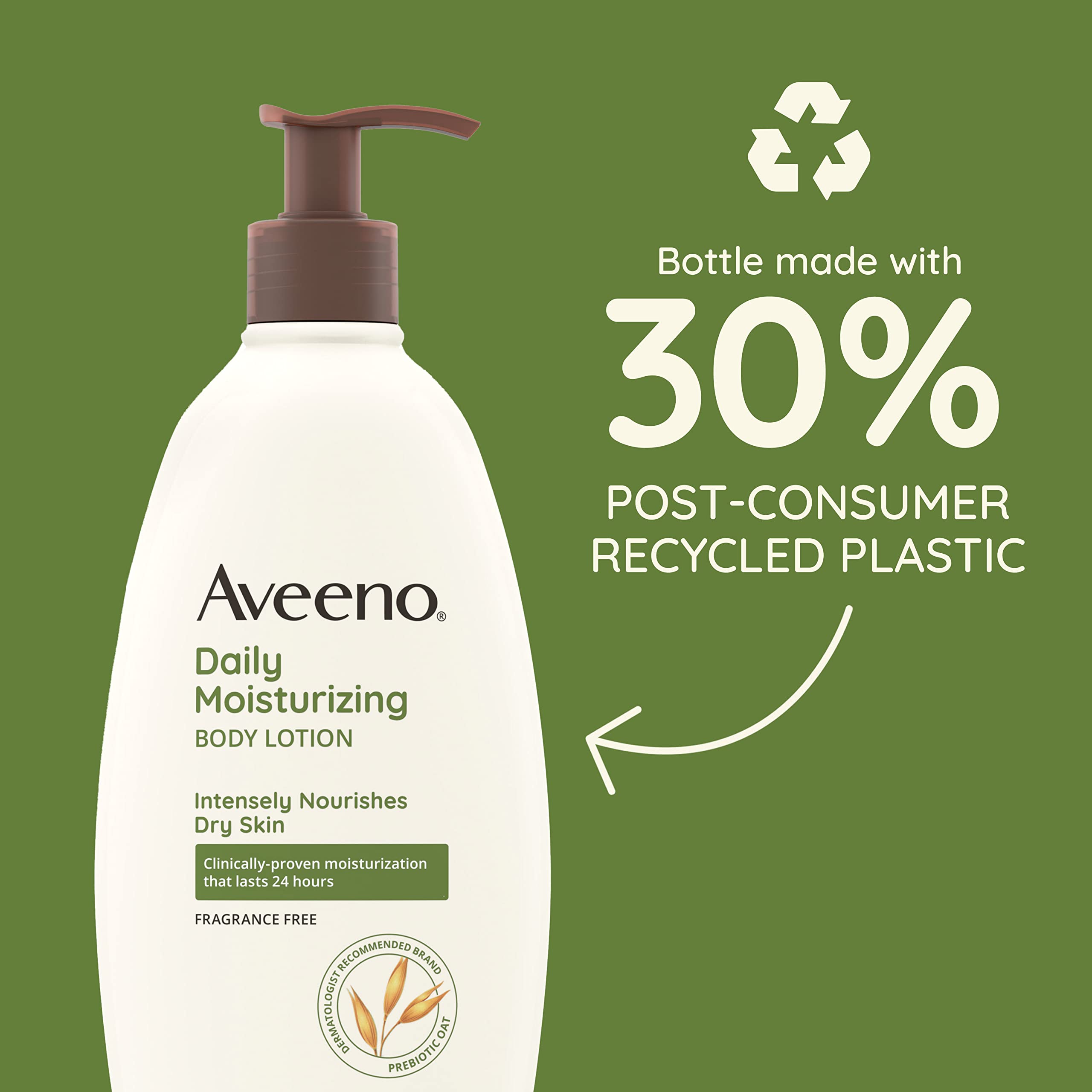 Aveeno fragrance-free bottle emphasizing gentle formula for sensitive skin