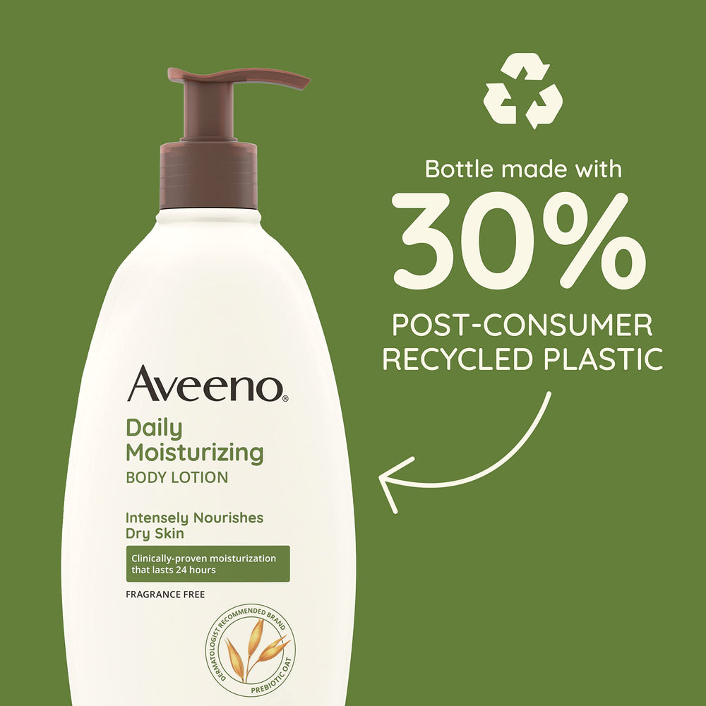 Aveeno fragrance-free bottle emphasizing gentle formula for sensitive skin