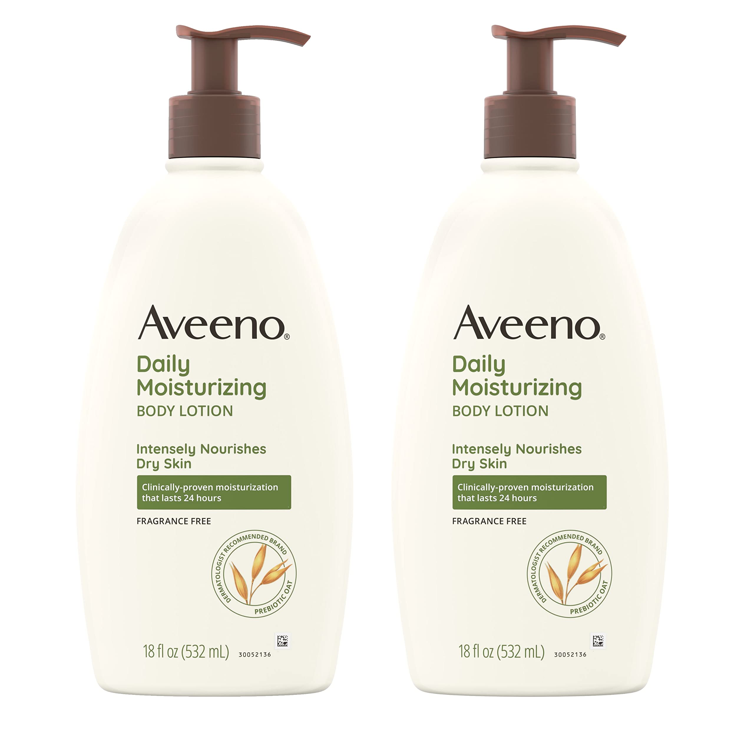 Aveeno Daily Moisturizing Lotion two-pack front label view showing fragrance-free hydration for dry skin