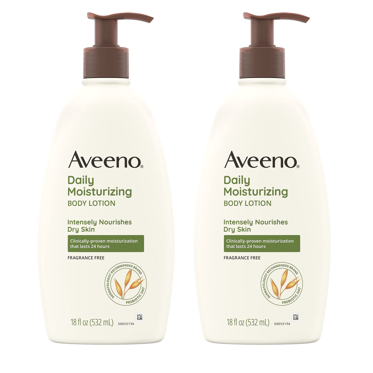 Aveeno Daily Moisturizing Lotion two-pack front label view showing fragrance-free hydration for dry skin