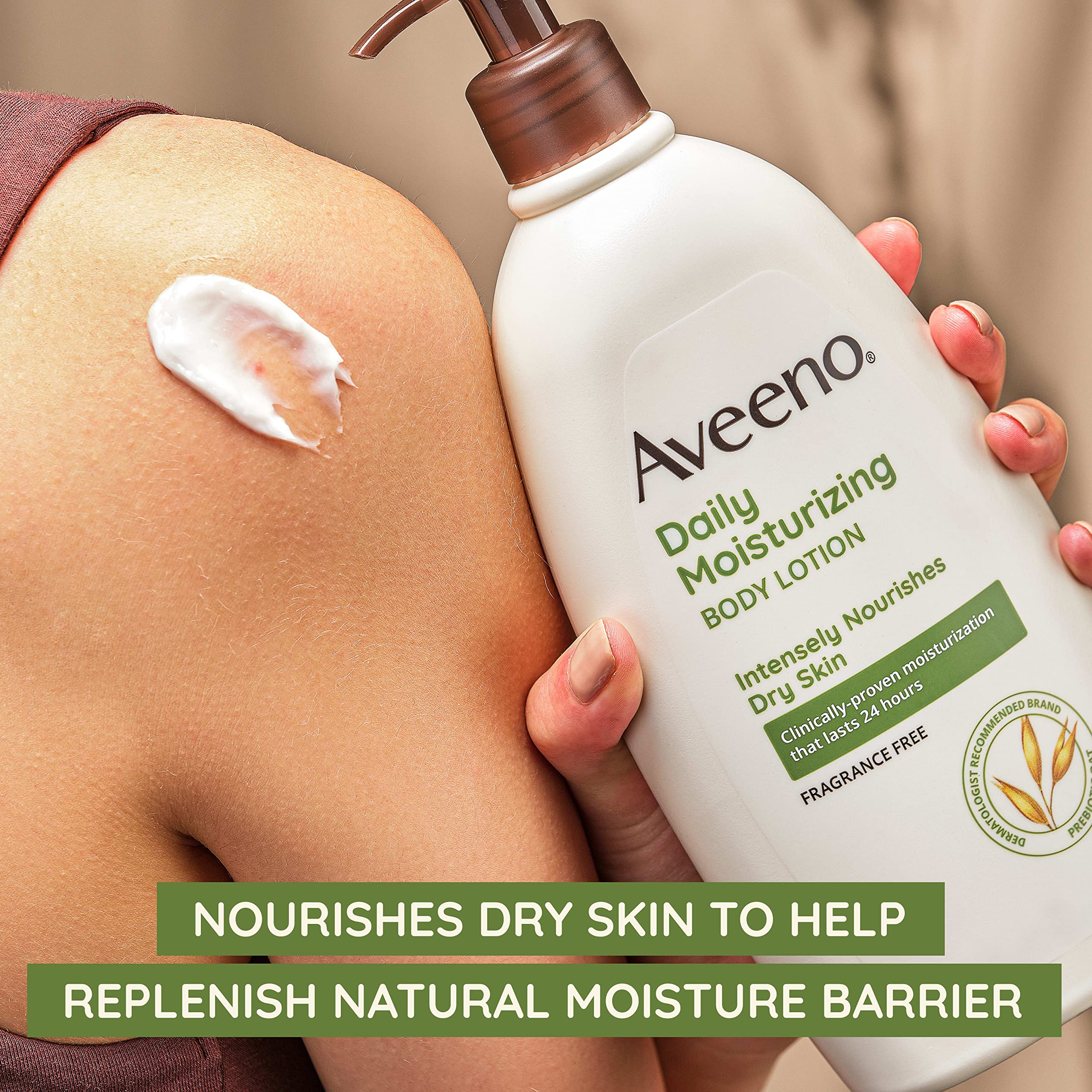 Aveeno pump-dispense close-up highlighting quick-absorb, non-greasy daily moisture
