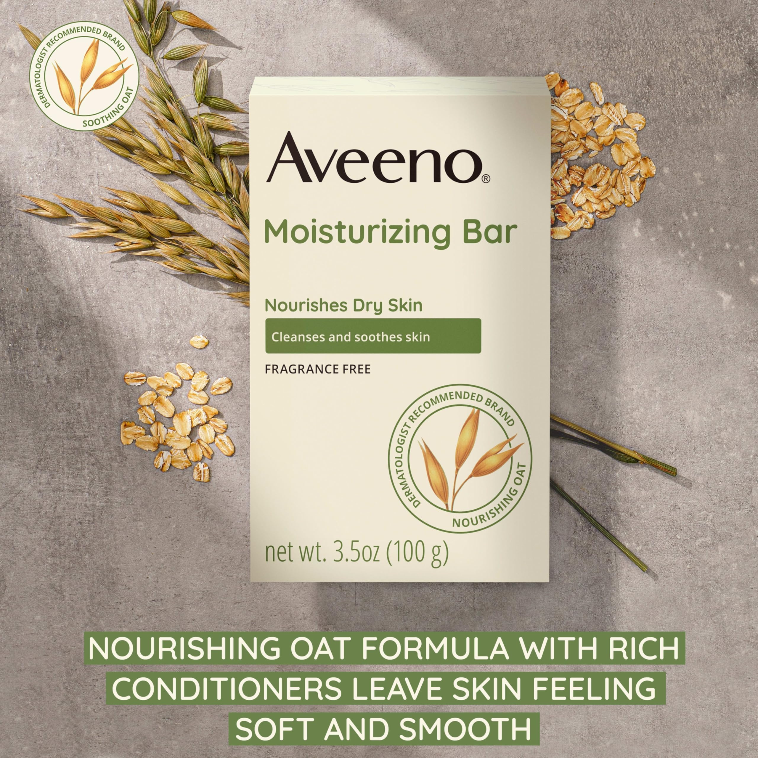 Aveeno cleansing bar close-up highlighting nourishing oats for dry skin comfort.