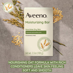 Aveeno cleansing bar close-up highlighting nourishing oats for dry skin comfort.