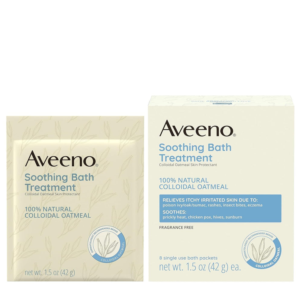 Aveeno packaging shows individual sachets for convenient, mess-free baths.