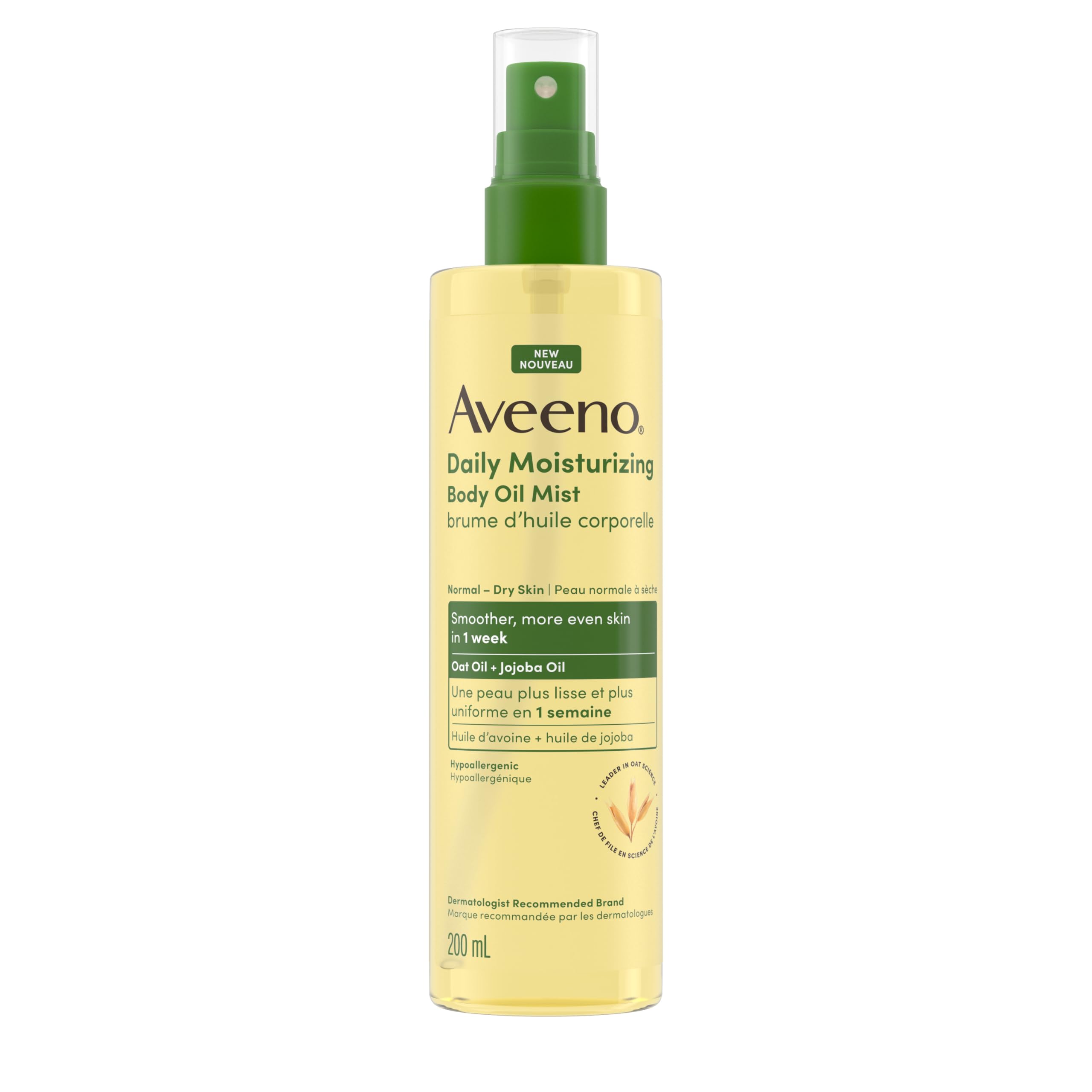 Aveeno front packaging spray bottle showing brand and easy application