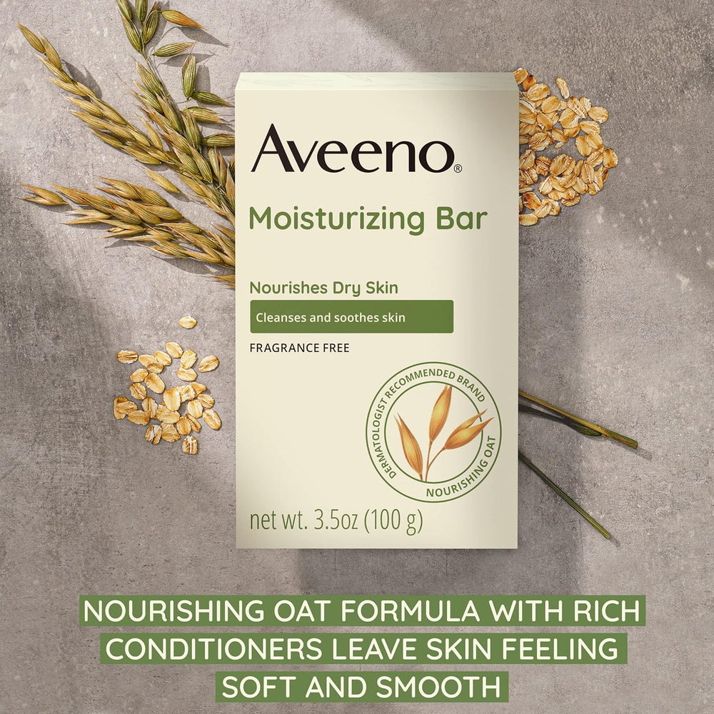 Close-up of oats in Aveeno formula signals nourishing oats for gentle cleansing.