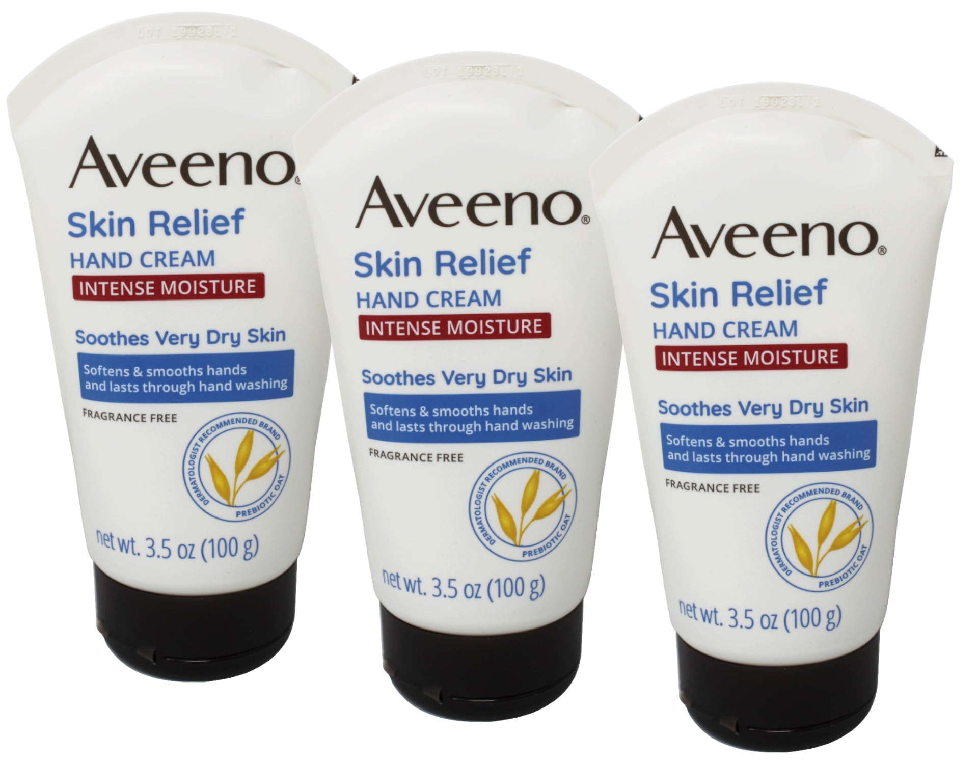 Aveeno Intense Relief Hand Cream pack of 3 tubes for everyday moisture.