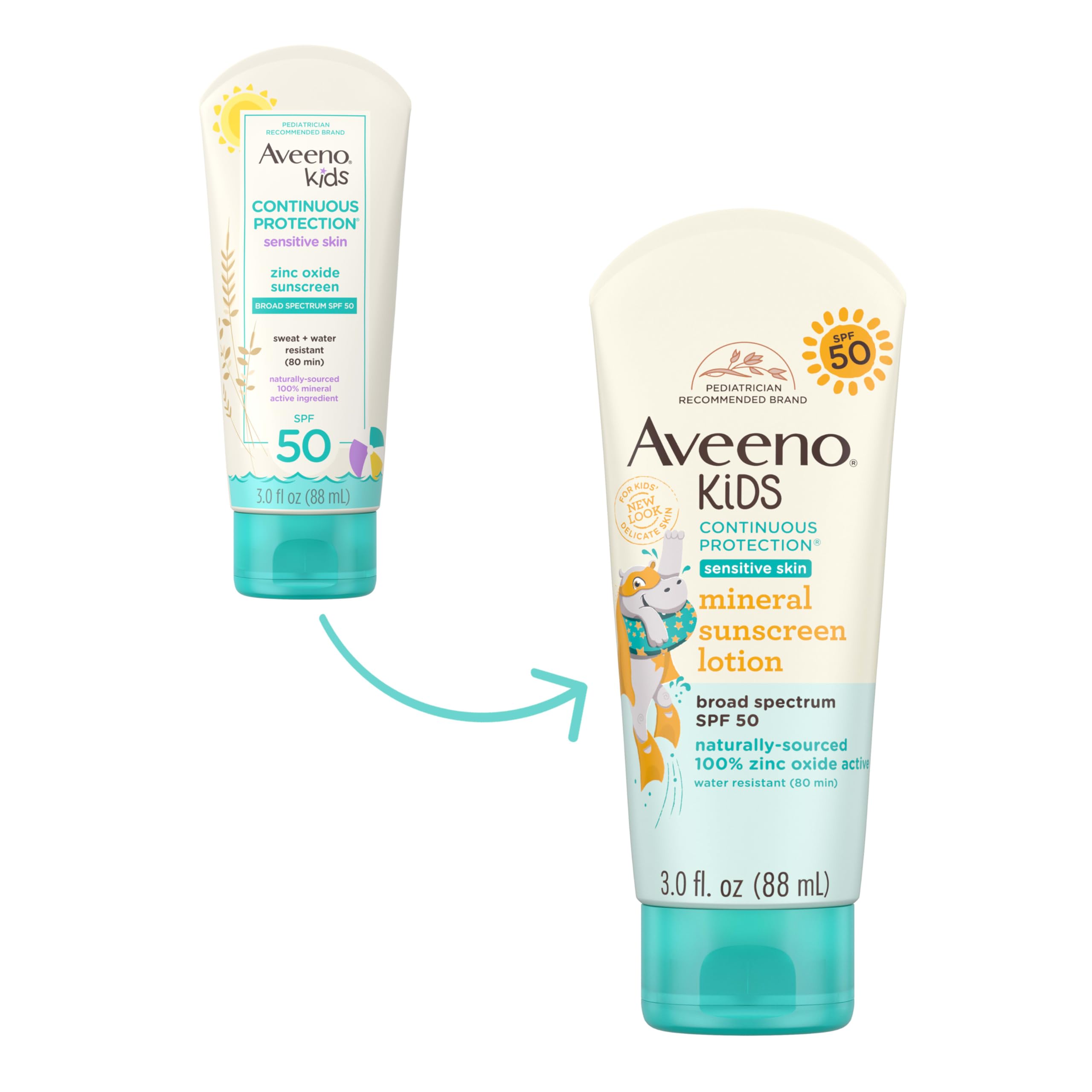Aveeno Kids sunscreen tube back view highlights zinc oxide mineral protection