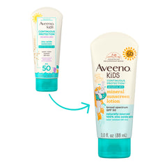 Aveeno Kids sunscreen tube back view highlights zinc oxide mineral protection