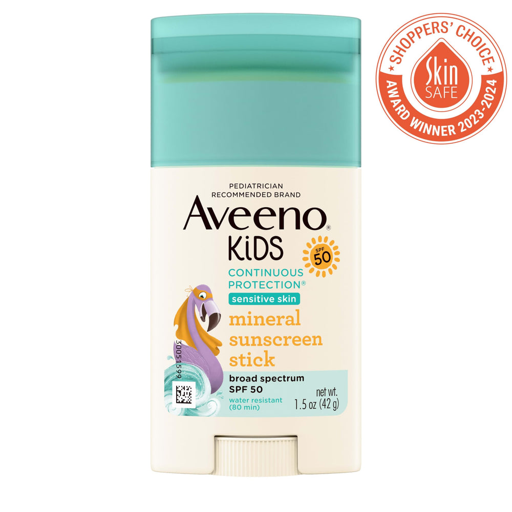 Aveeno Kids zinc oxide with oat essence soothes sensitive skin.