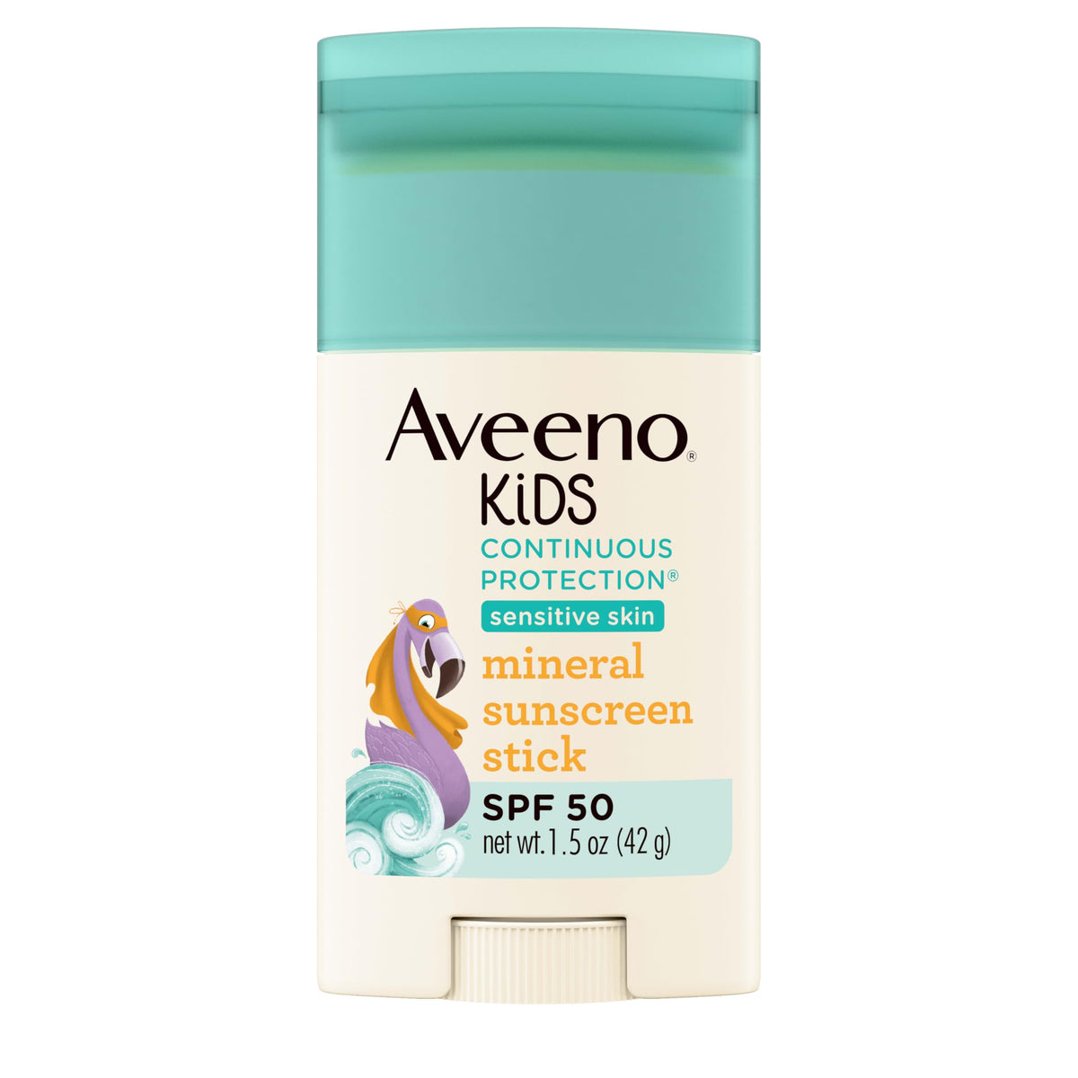 Aveeno Kids sunscreen stick front view provides gentle SPF 50 protection for delicate skin.