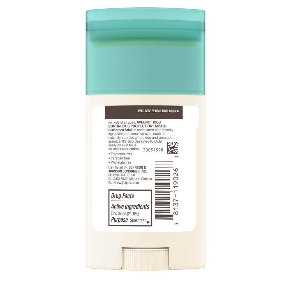 Aveeno Kids travel-size sunscreen stick 1.5oz ideal for on-the-go protection.