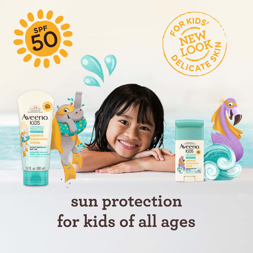 Aveeno Kids sweat- and water-resistant label indicating protection during activity