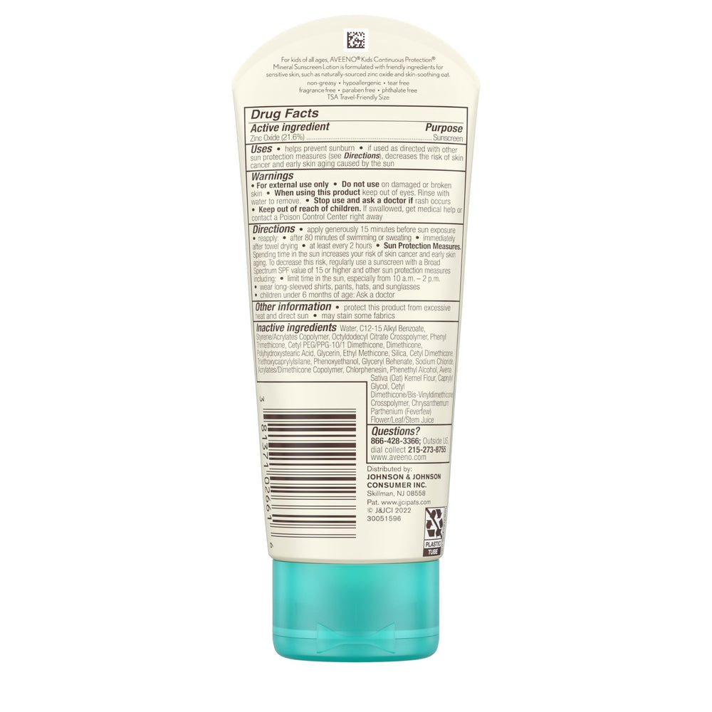 Aveeno Kids travel-size 3oz tube image highlights TSA-friendly sun care