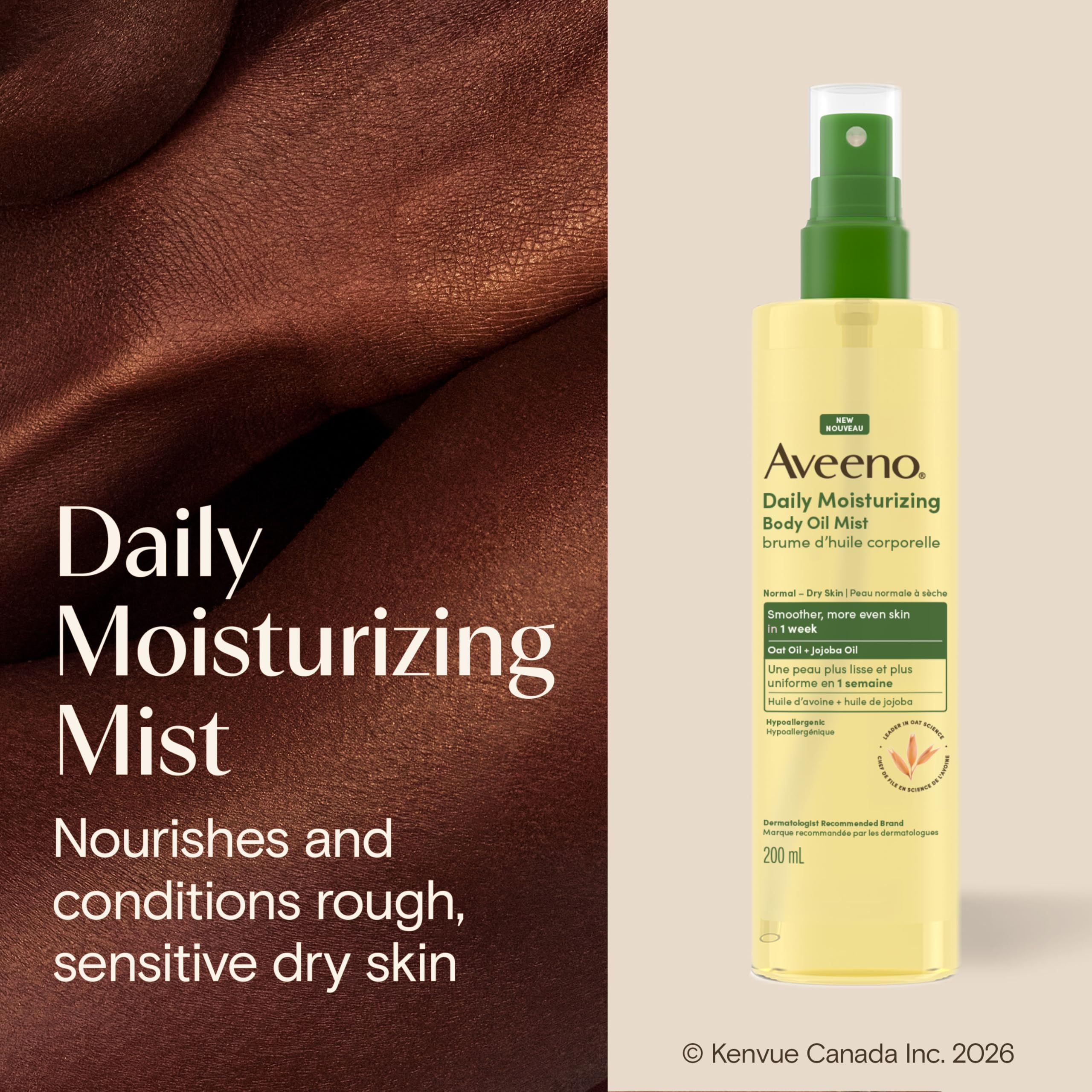 Aveeno mist in use on arm demonstrating quick hydration and convenience