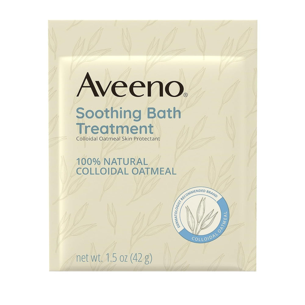 Aveeno 100% natural colloidal oatmeal powder dissolves in bath for gentle care.