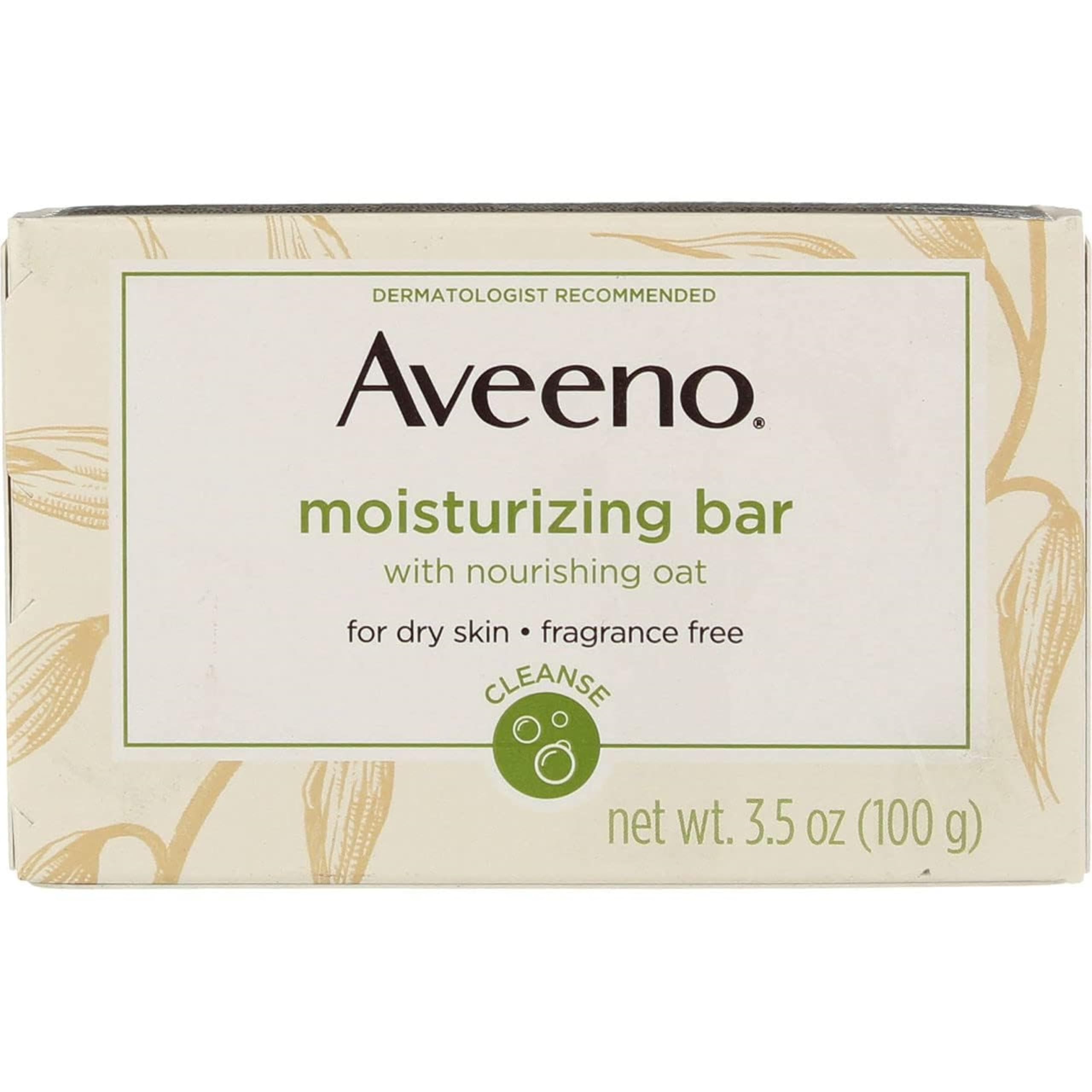 Aveeno Naturals Moisturizing Bar close-up highlights colloidal oatmeal for gentle cleansing.