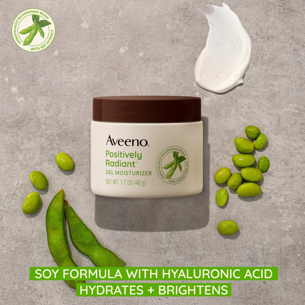 Aveeno Positively Radiant gel texture on hand highlights smooth application and quick absorption