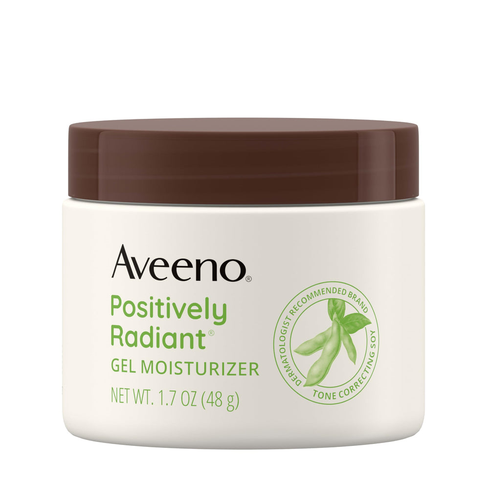 Aveeno Positively Radiant jar closeup showcasing the lightweight gel texture for daily hydration