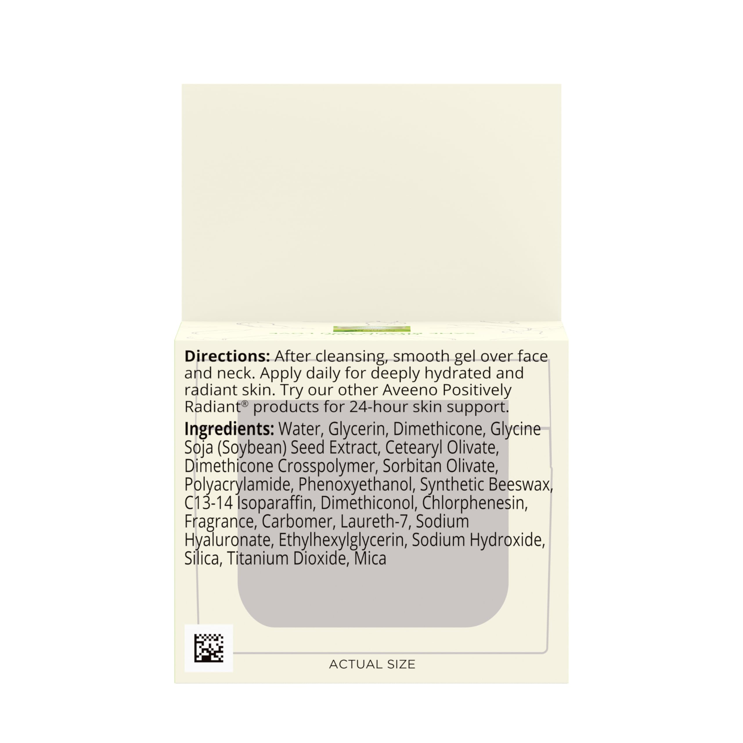Aveeno Positively Radiant packaging display emphasizing clean, hypoallergenic formula and 1.7 oz size
