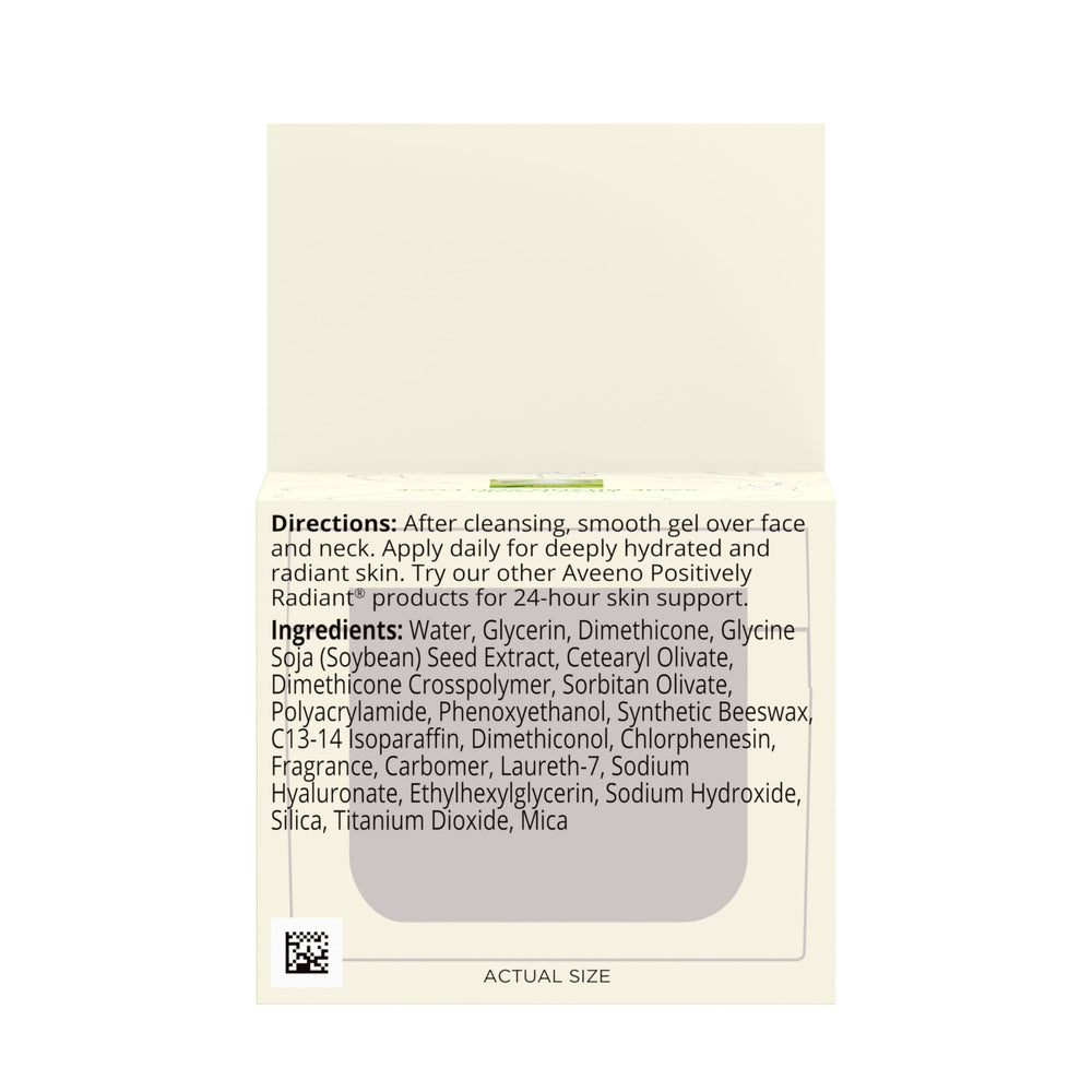 Aveeno Positively Radiant packaging display emphasizing clean, hypoallergenic formula and 1.7 oz size