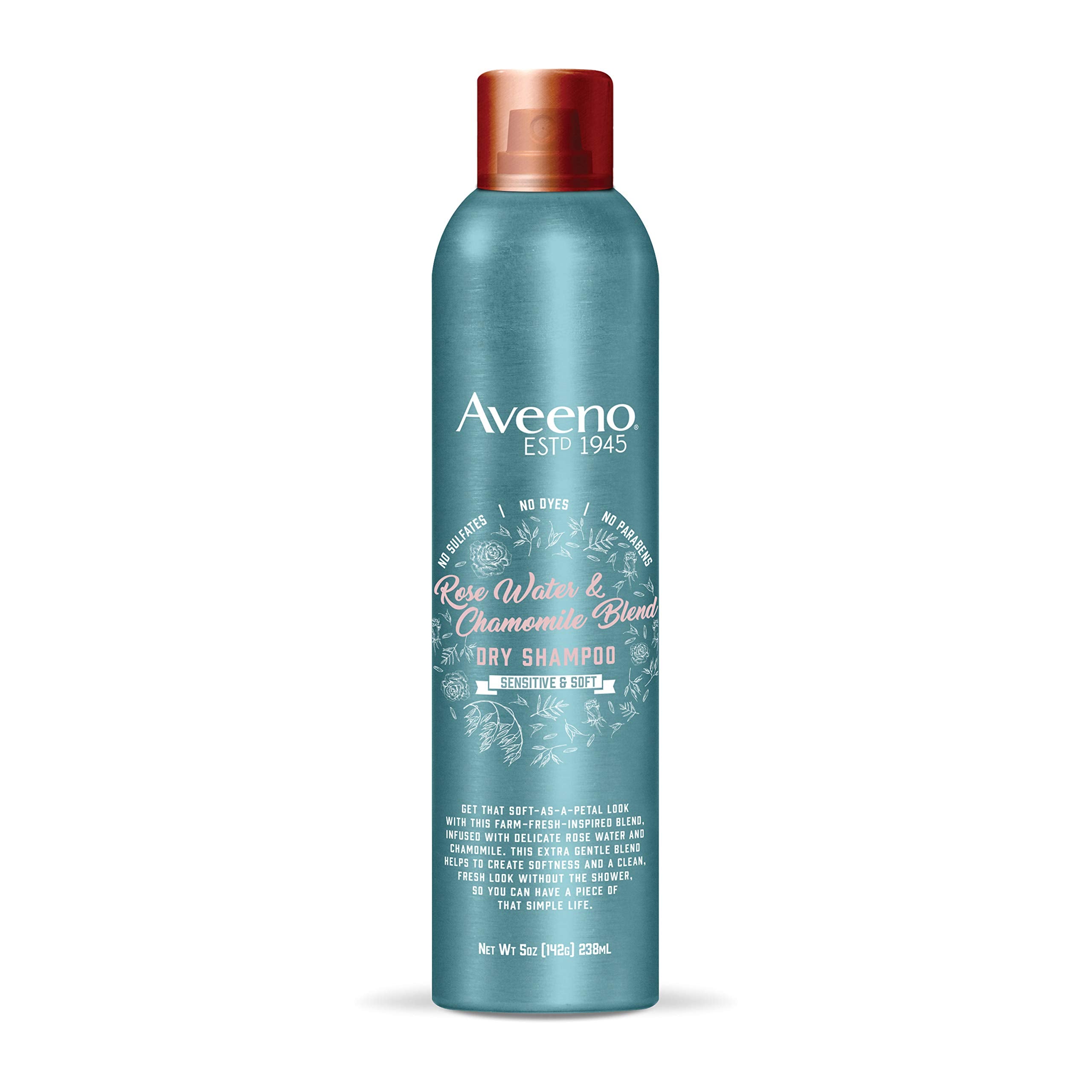 Aveeno Rose Water & Chamomile Dry Shampoo bottle for gentle scalp refreshment and color-safe care