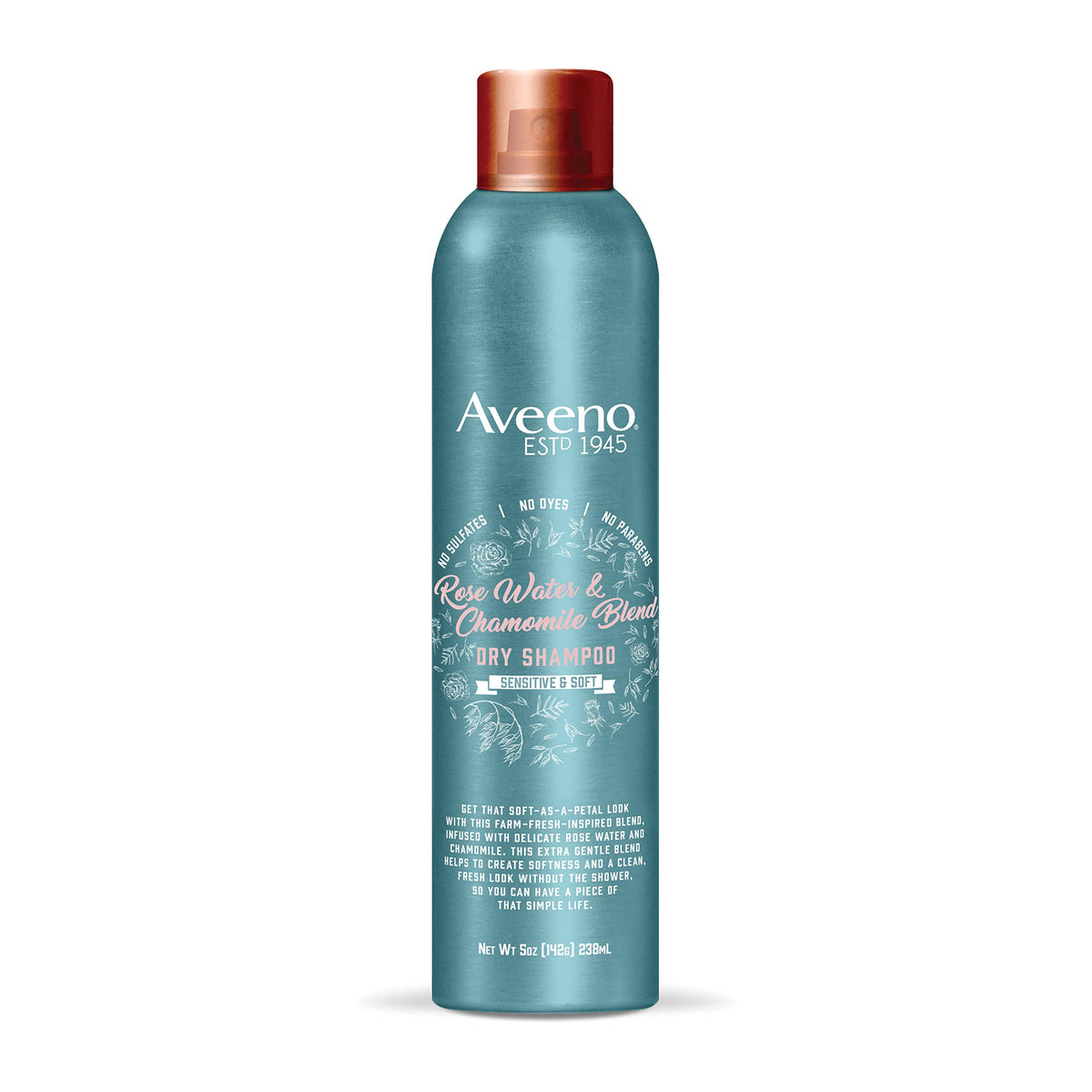 Aveeno Rose Water & Chamomile Dry Shampoo bottle for gentle scalp refreshment and color-safe care